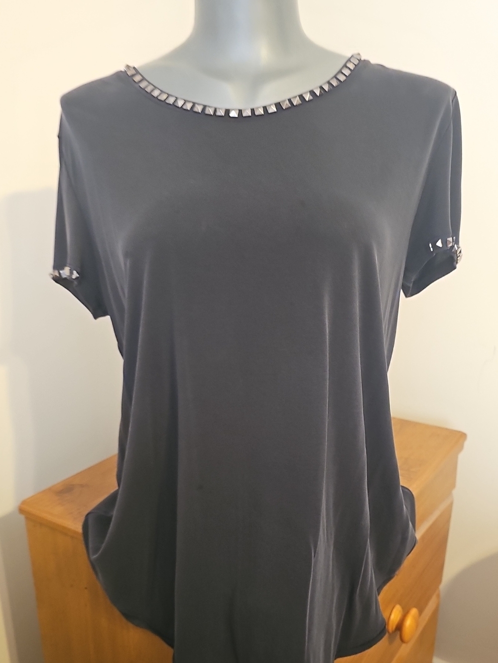 Divided Black Short Sleeve Top with Pyramid Stud Trim